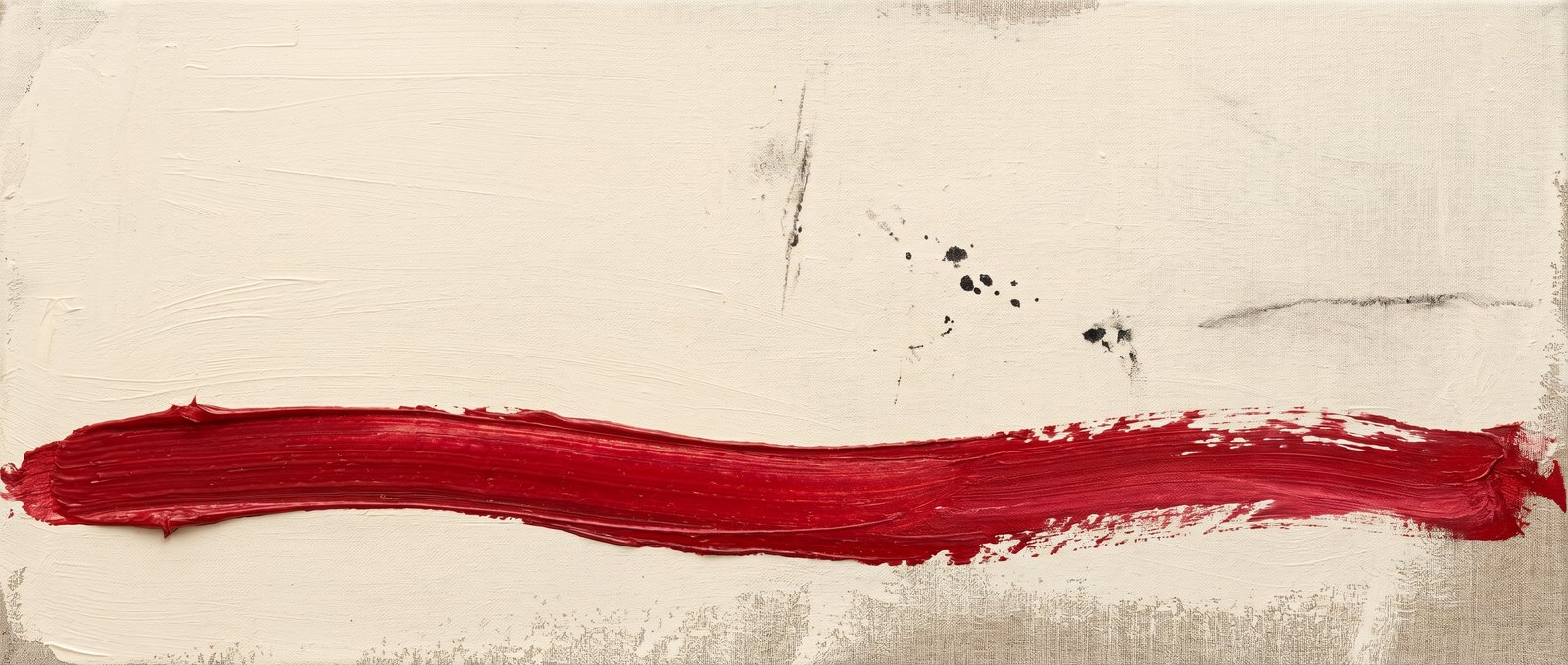 Contemporary Polish abstract painting — ivory field with a crimson brushstroke